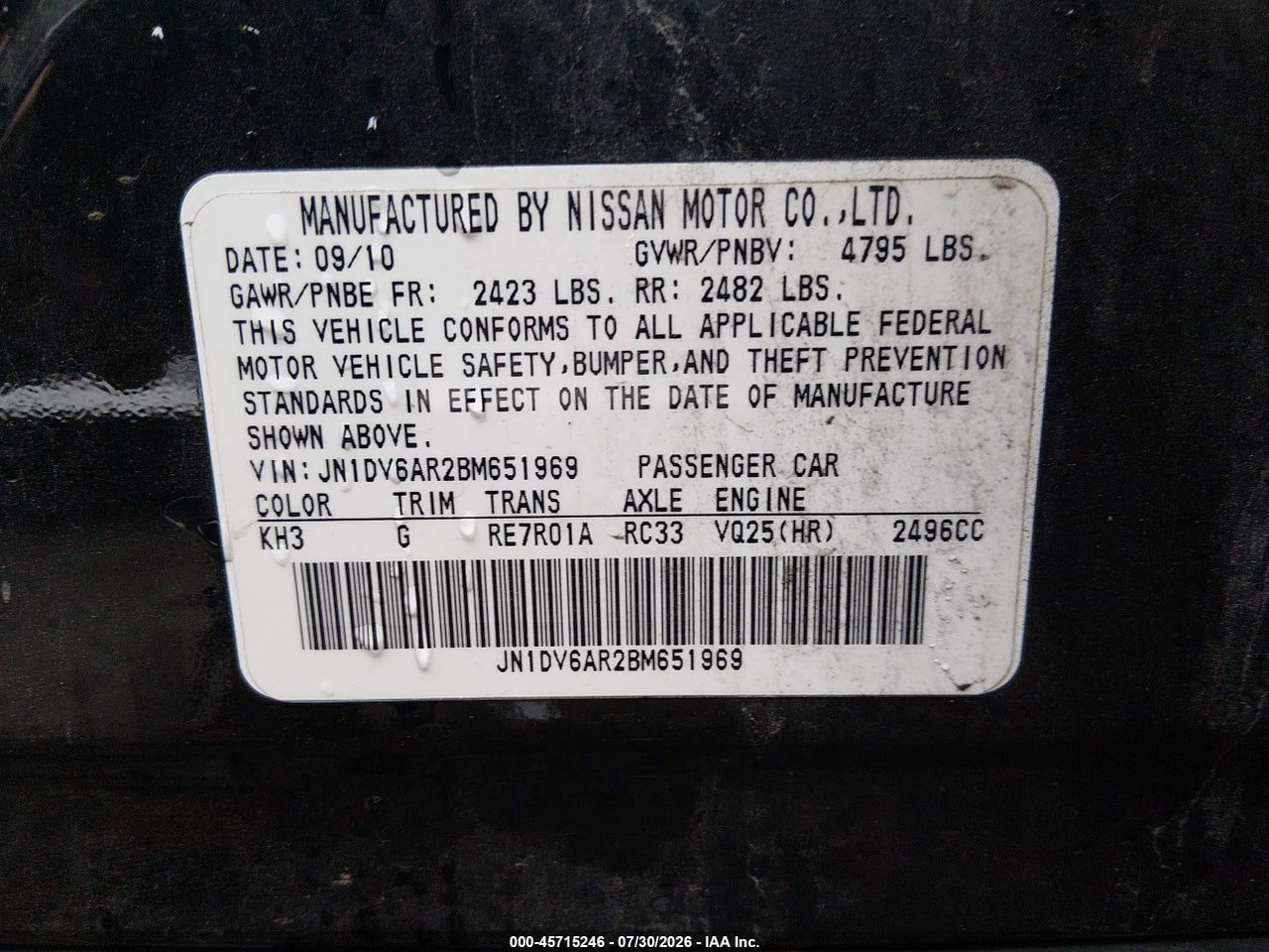 JN1DV6AR2BM****** · 2011 INFINITI G25X   · 9/11