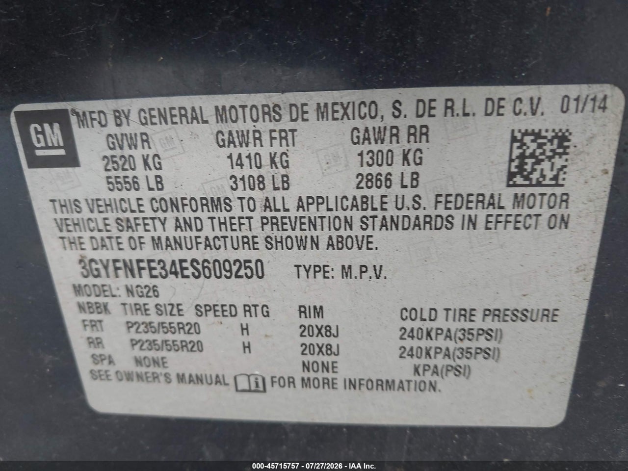 3GYFNFE34ES****** · 2014 CADILLAC SRX PERFORMANCE COLLECTION · 9/11