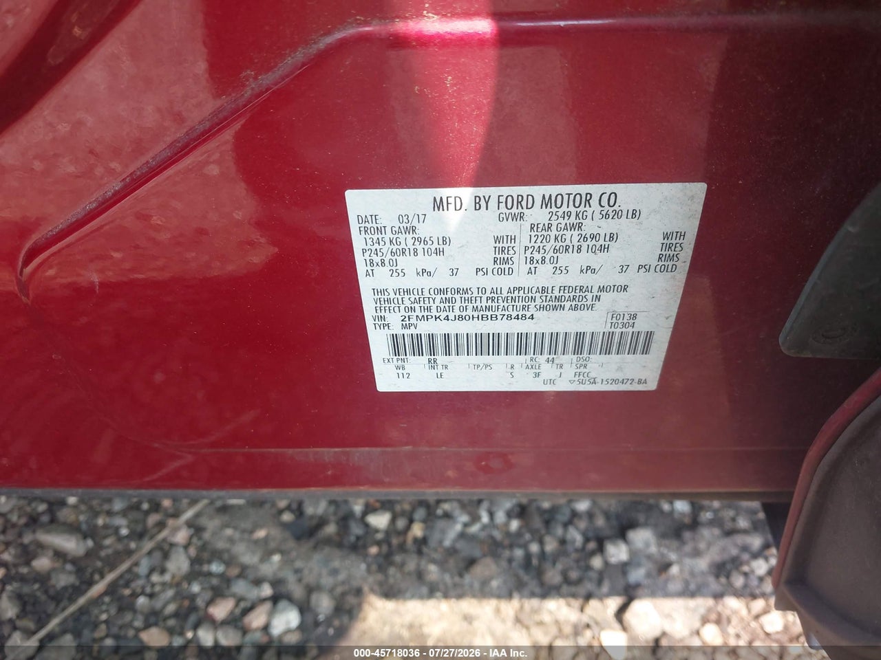2FMPK4J80HB****** · 2017 FORD EDGE SEL · 9/11
