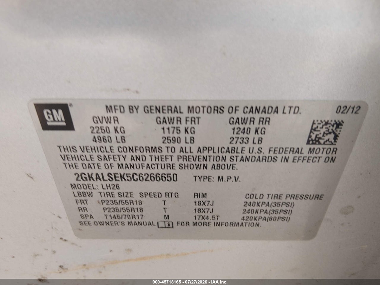 2GKALSEK5C6****** · 2012 GMC TERRAIN SLE-2 · 9/11
