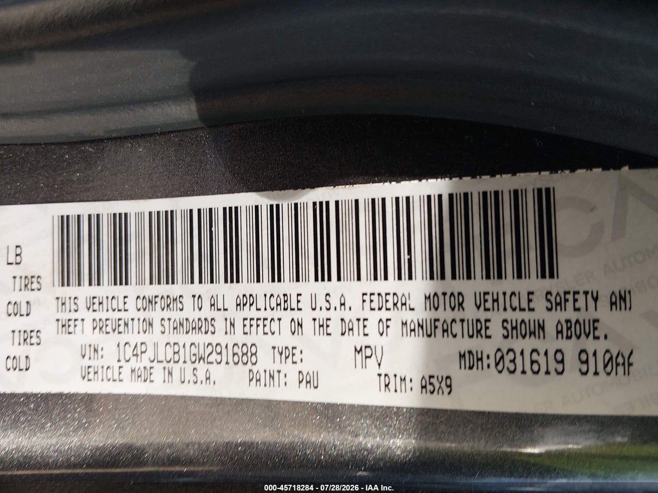 1C4PJLCB1GW****** · 2016 JEEP CHEROKEE LATITUDE · 9/11