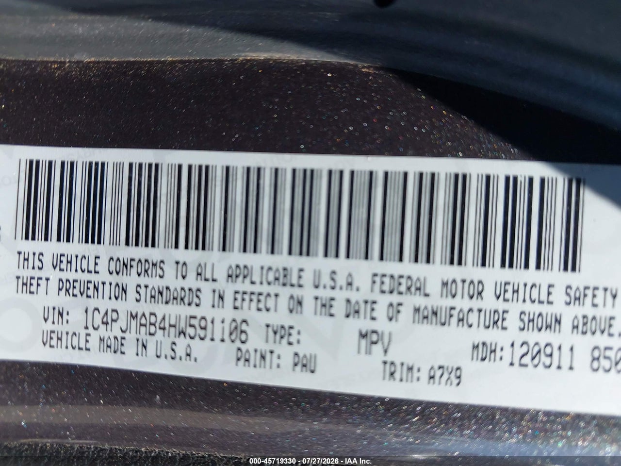 1C4PJMAB4HW****** · 2017 JEEP CHEROKEE ALTITUDE · 9/11