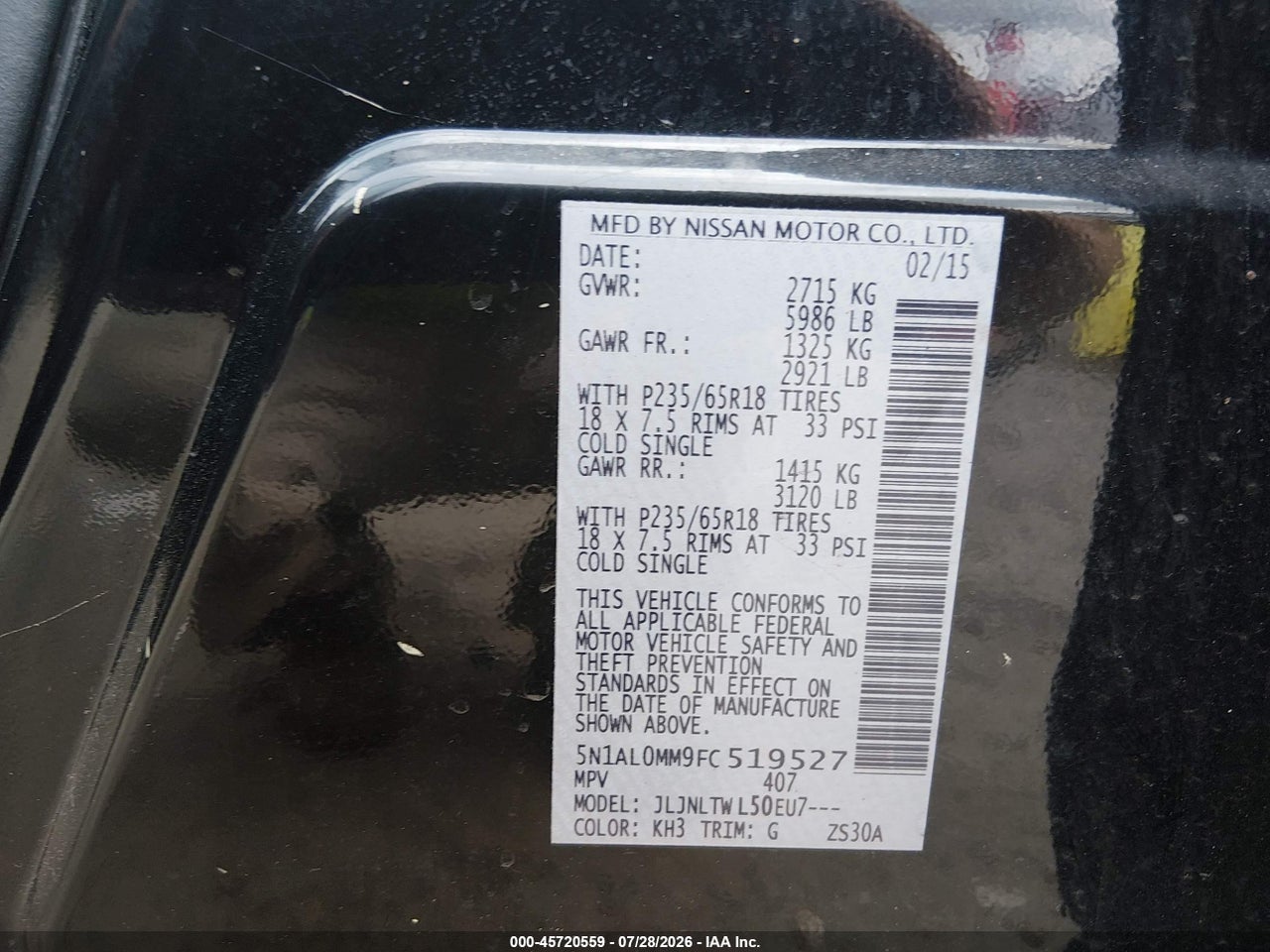 5N1AL0MM9FC****** · 2015 INFINITI QX60   · 9/11