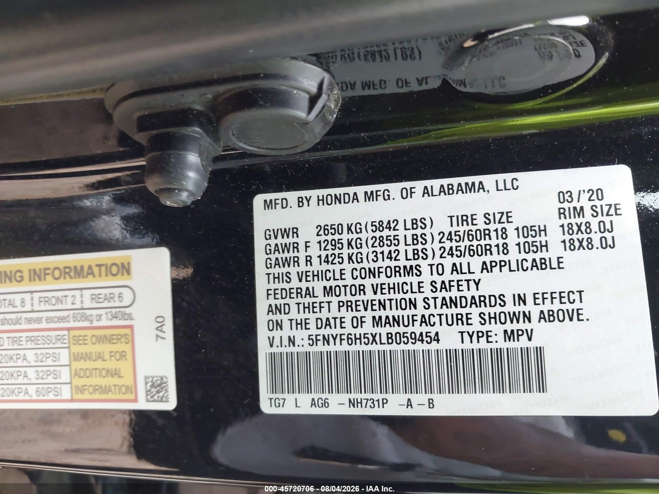 5FNYF6H5XLB****** · 2020 HONDA PILOT AWD EX-L · 9/11