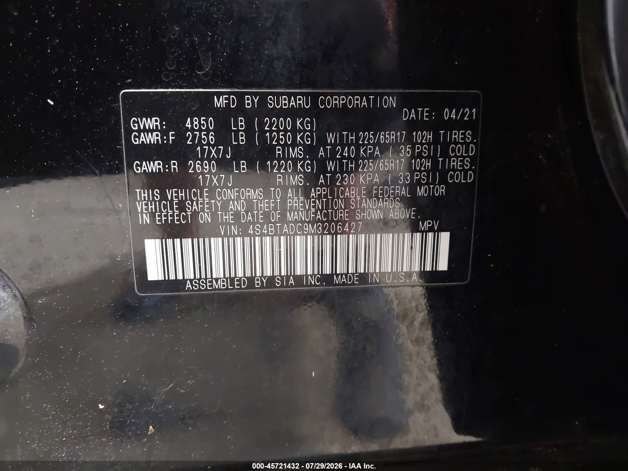 4S4BTADC9M3****** · 2021 SUBARU OUTBACK PREMIUM · 9/11