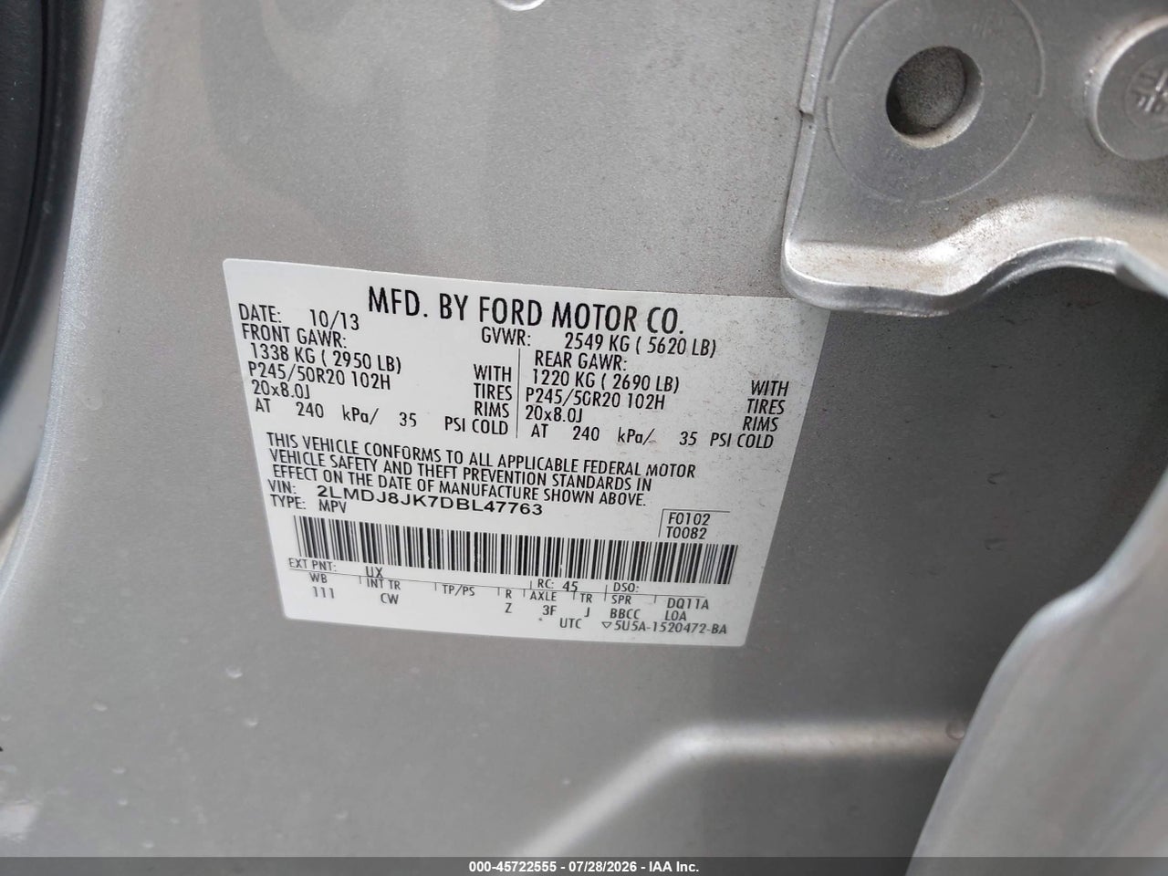 2LMDJ8JK7DB****** · 2013 LINCOLN MKX   · 9/11