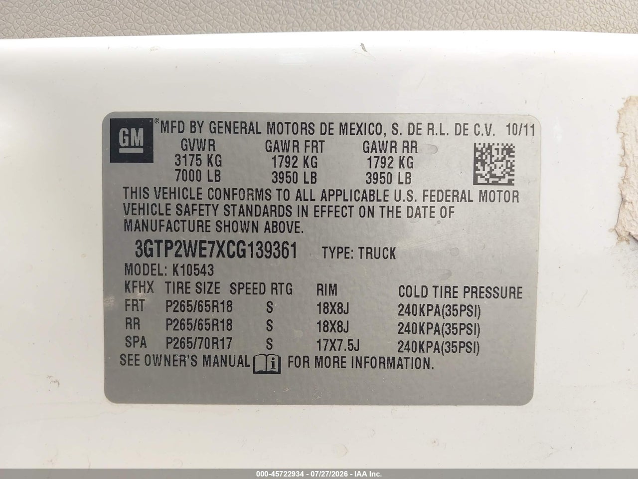 3GTP2WE7XCG****** · 2012 GMC SIERRA 1500 SLT · 9/11