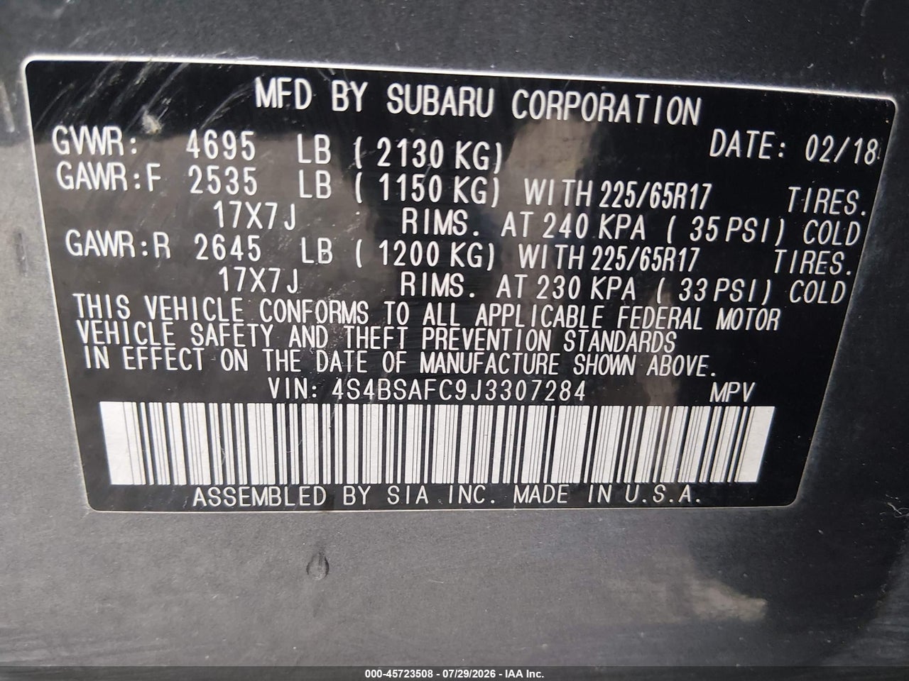 4S4BSAFC9J3****** · 2018 SUBARU OUTBACK 2.5I PREMIUM · 9/11