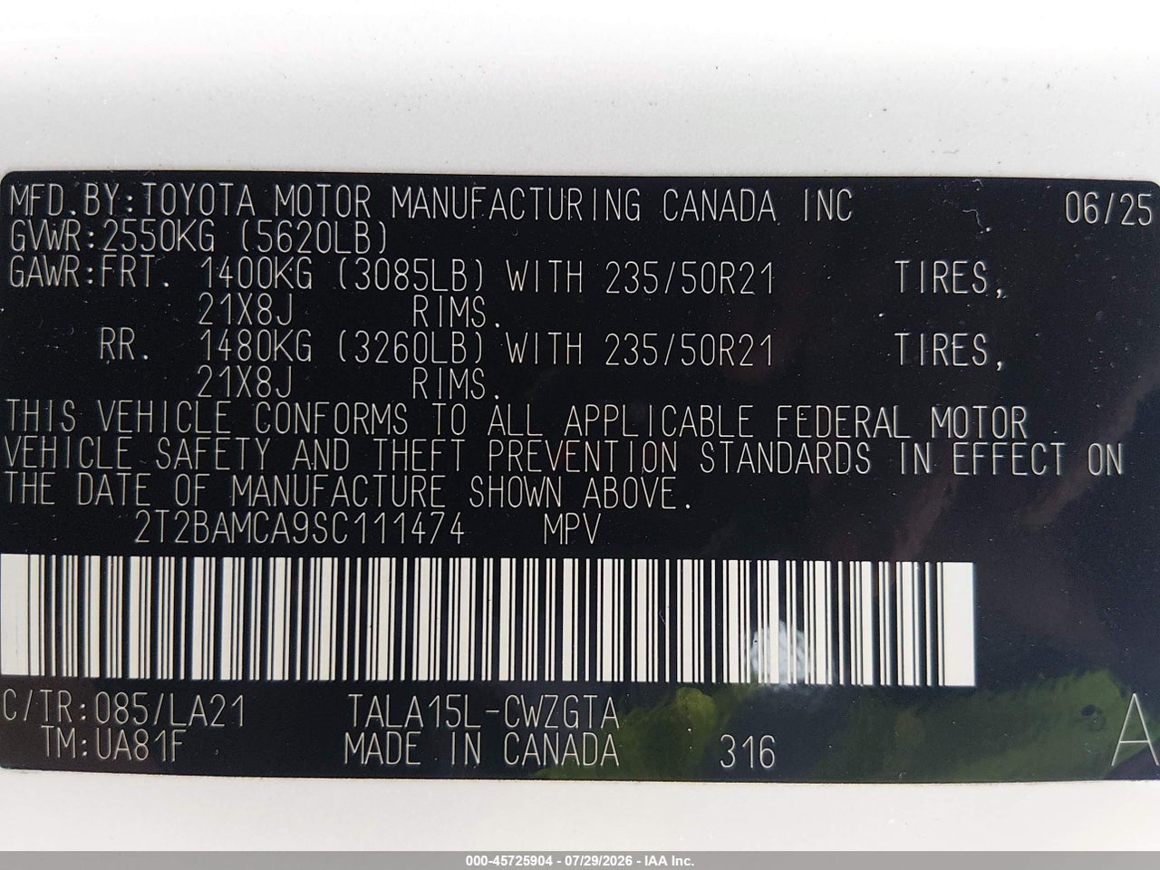 2T2BAMCA9SC****** · 2025 LEXUS RX 350 LUXURY · 9/11
