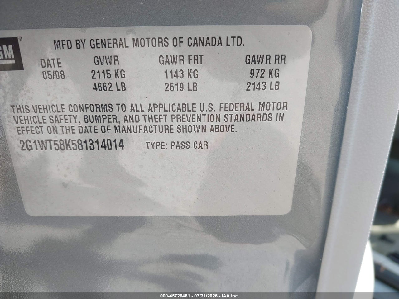 2G1WT58K581****** · 2008 CHEVROLET IMPALA LT · 9/11