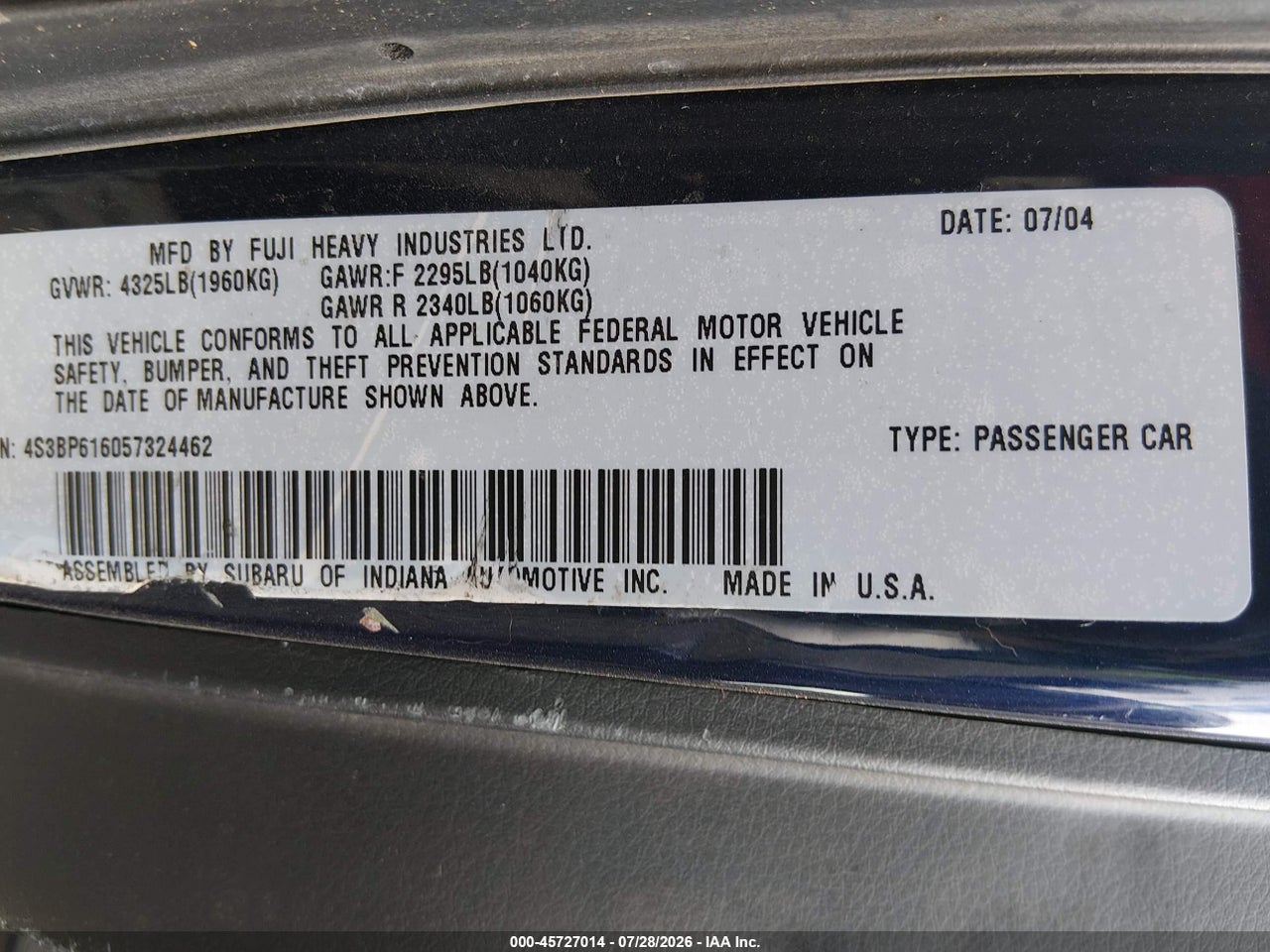 4S3BP616057****** · 2005 SUBARU LEGACY 2.5I · 9/11