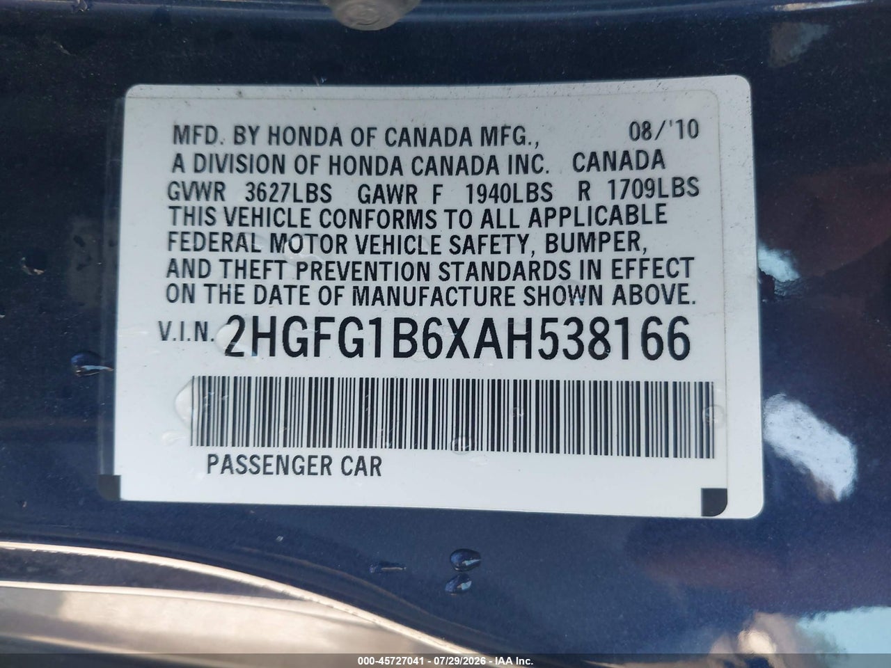 2HGFG1B6XAH****** · 2010 HONDA CIVIC LX · 9/11