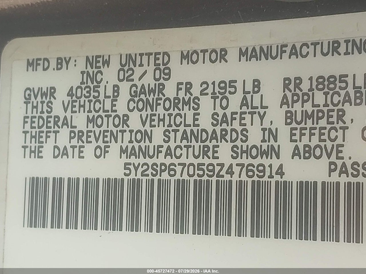 5Y2SP67059Z****** · 2009 PONTIAC VIBE   · 9/11