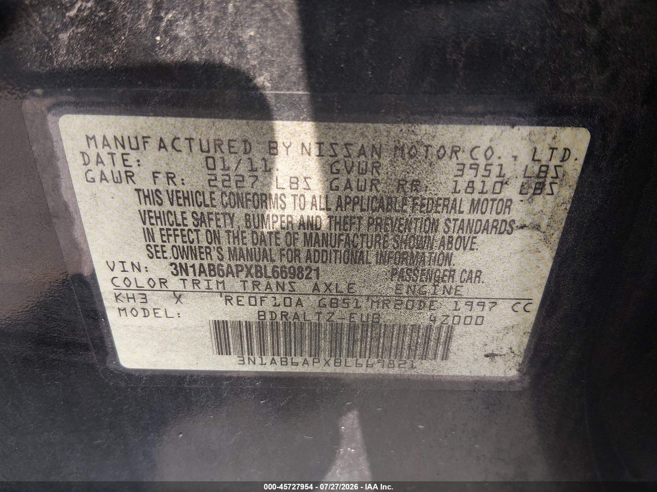 3N1AB6APXBL****** · 2011 NISSAN SENTRA 2.0SR · 9/11