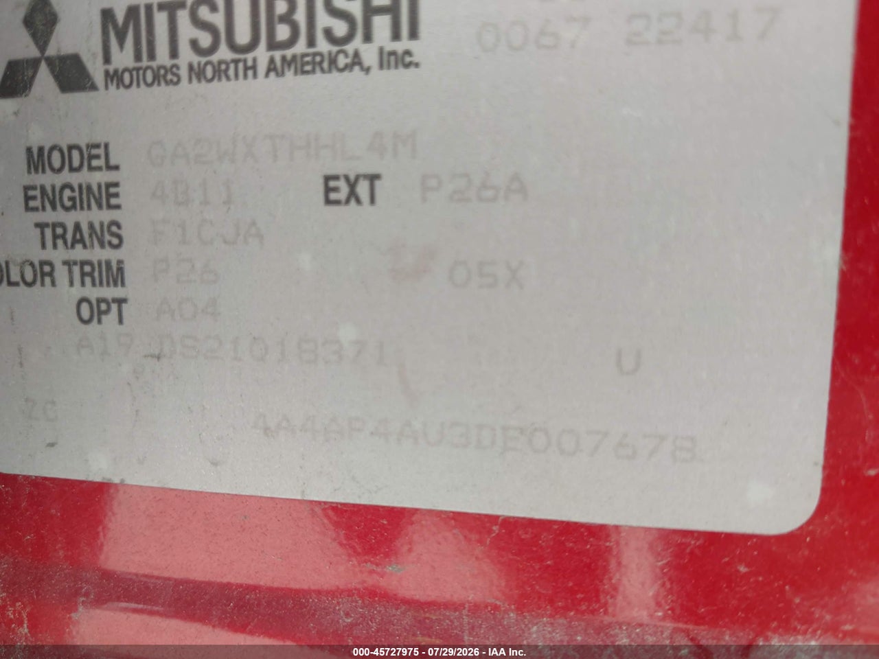 4A4AP4AU3DE****** · 2013 MITSUBISHI OUTLANDER SPORT SE · 9/11