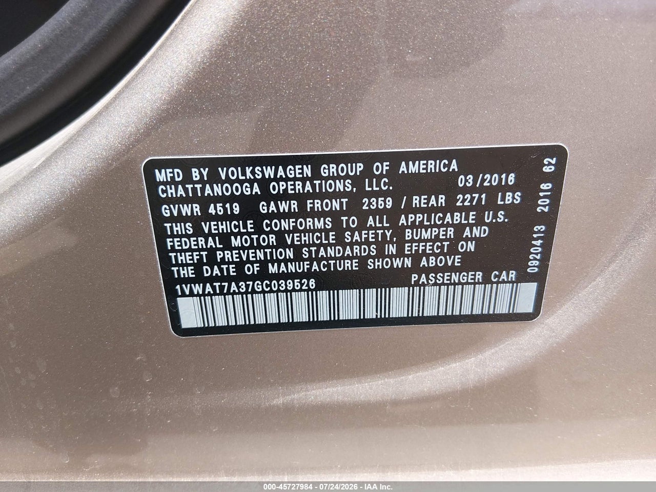 1VWAT7A37GC****** · 2016 VOLKSWAGEN PASSAT 1.8T S · 9/11