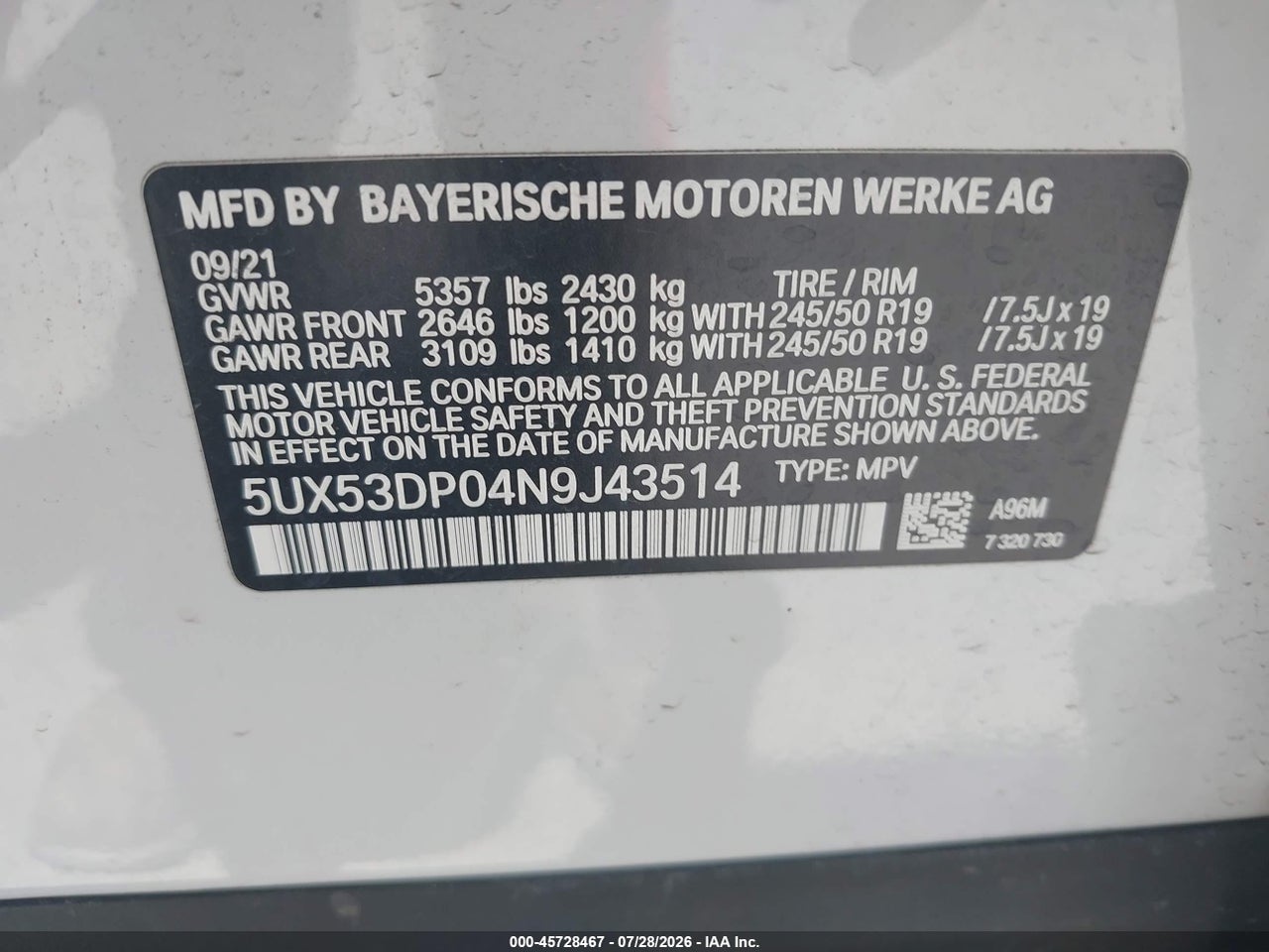 5UX53DP04N9****** · 2022 BMW X3 XDRIVE30I · 9/11
