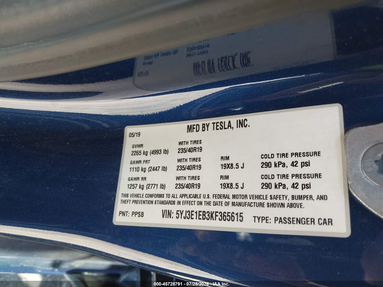 5YJ3E1EB3KF****** · 2019 TESLA MODEL 3 LONG RANGE/PERFORMANCE · 9/11