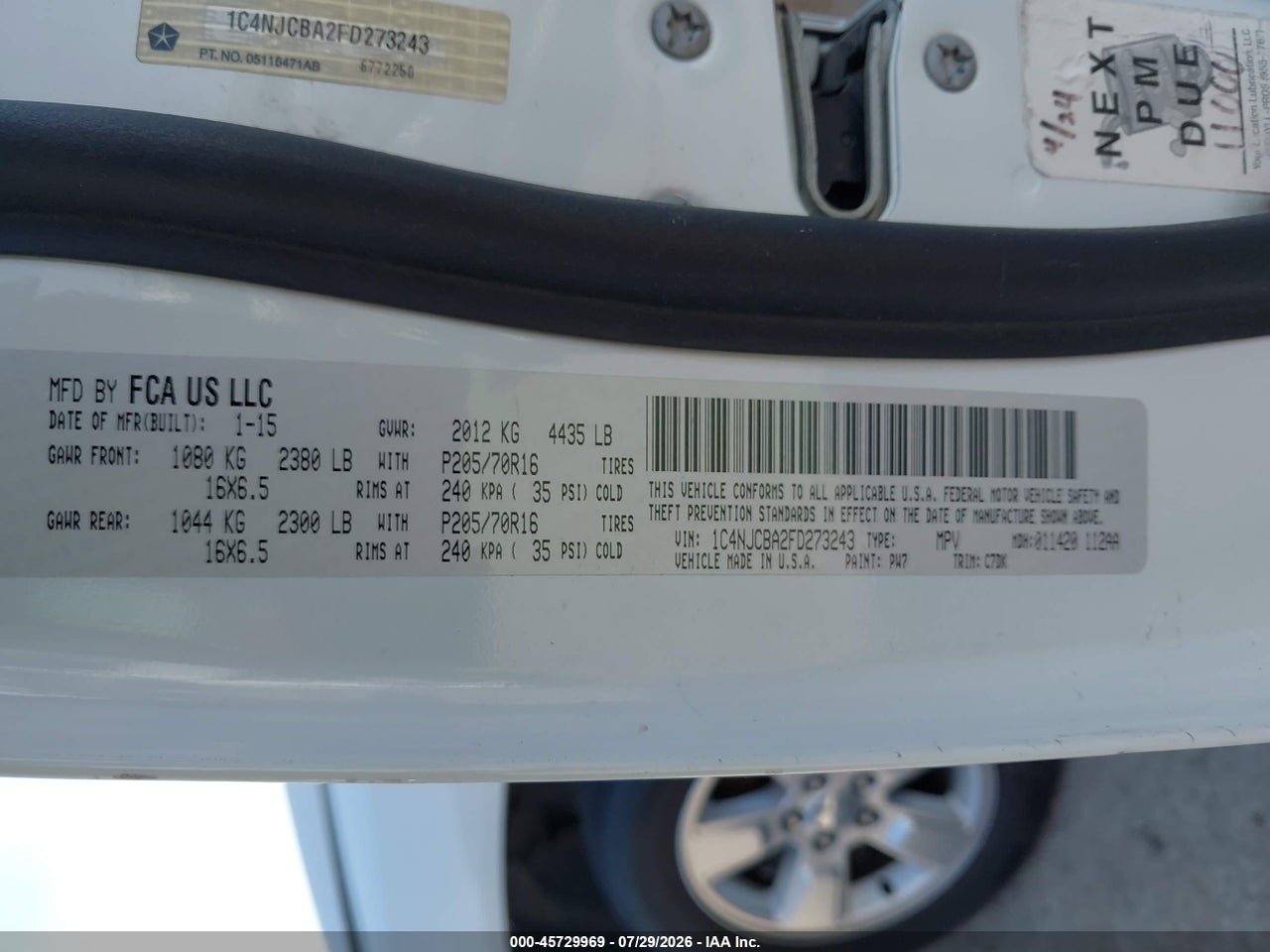 1C4NJCBA2FD****** · 2015 JEEP COMPASS SPORT · 9/11