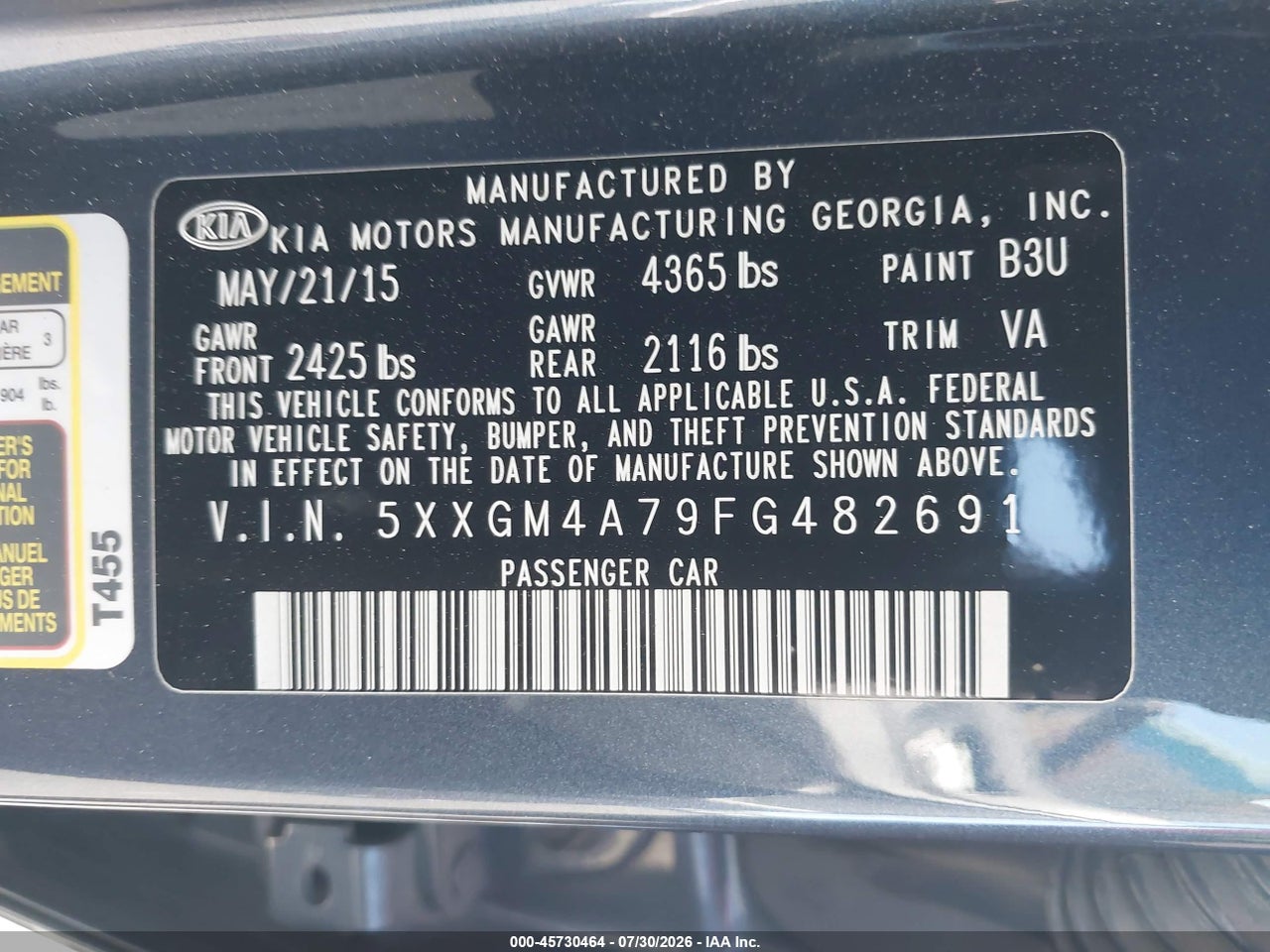 5XXGM4A79FG****** · 2015 KIA OPTIMA LX · 9/11