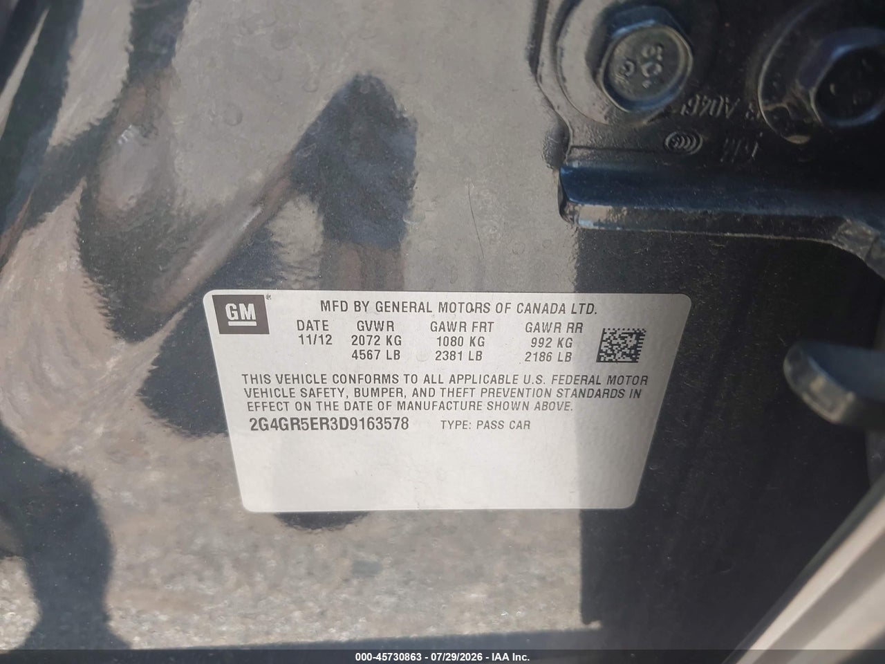 2G4GR5ER3D9****** · 2013 BUICK REGAL   · 9/11