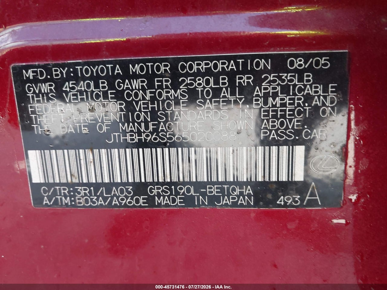 JTHBH96S565****** · 2006 LEXUS GS 300   · 9/11