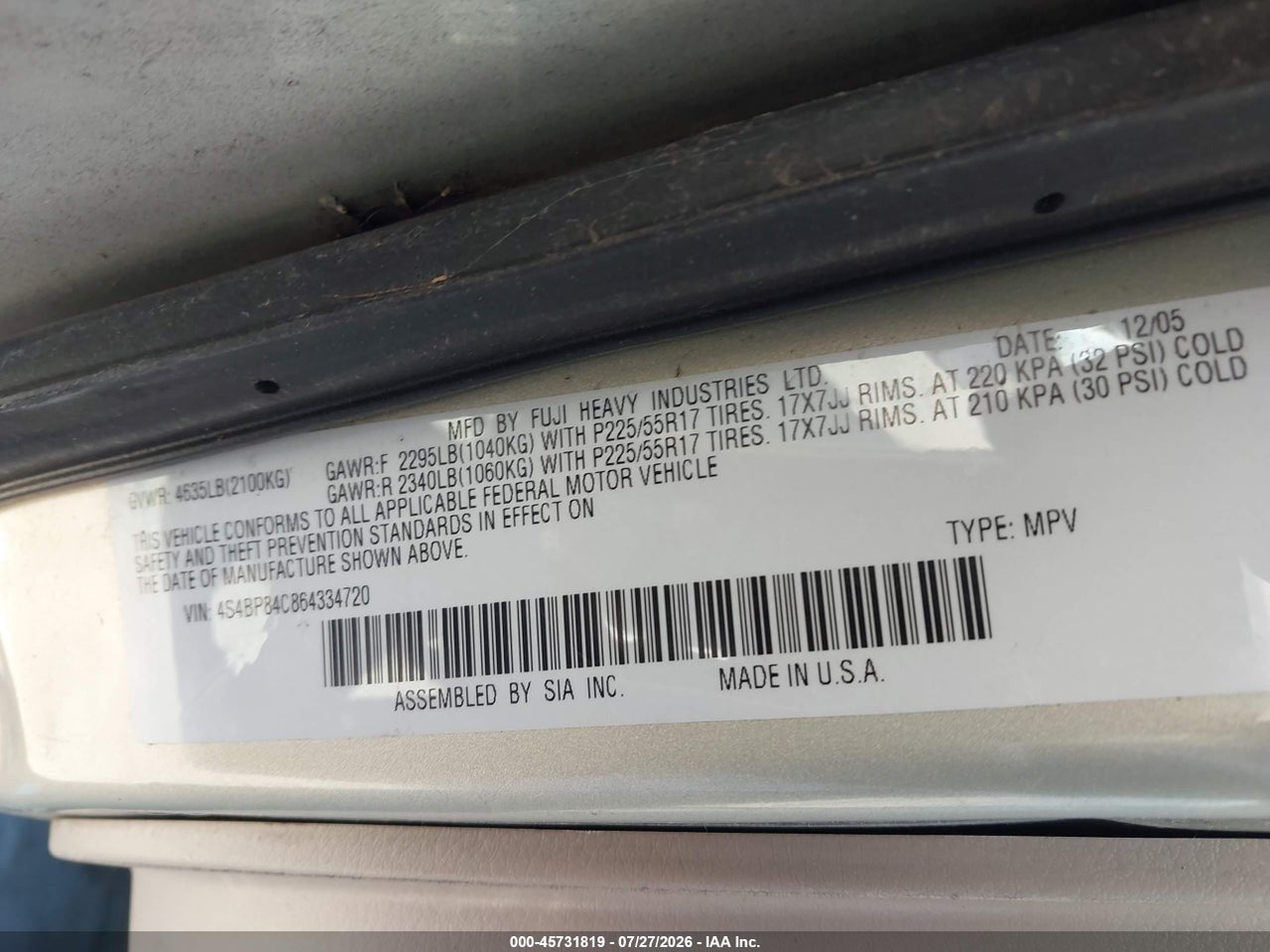 4S4BP84C864****** · 2006 SUBARU OUTBACK 3.0R · 9/11