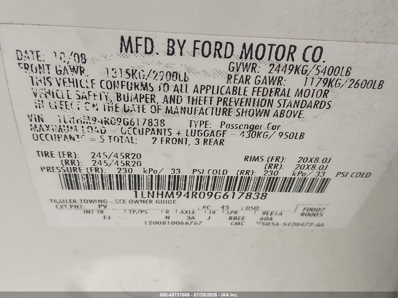 1LNHM94R09G****** · 2009 LINCOLN MKS   · 9/11