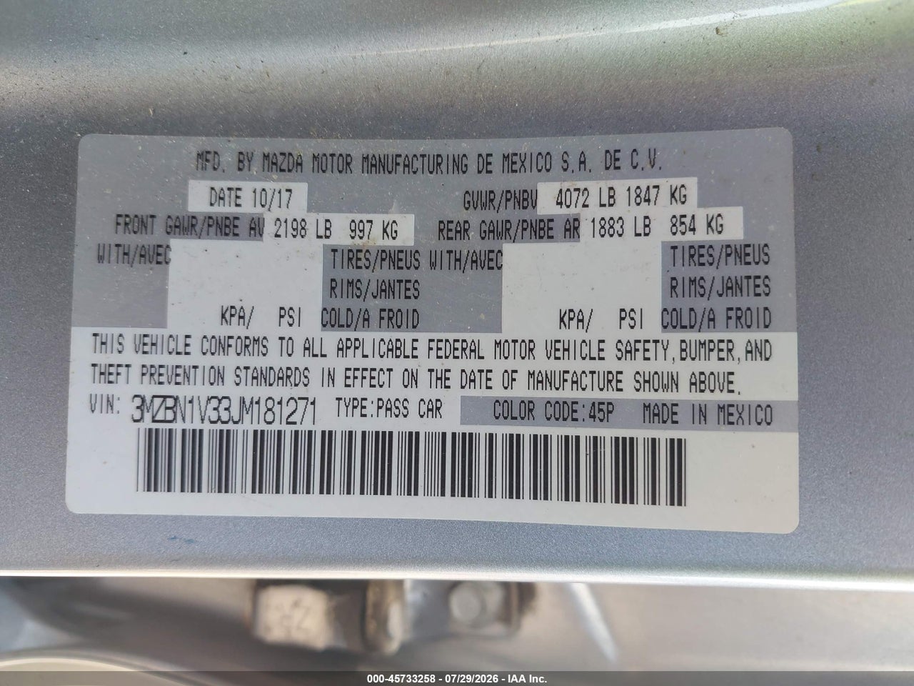 3MZBN1V33JM****** · 2018 MAZDA MAZDA3 TOURING · 9/11