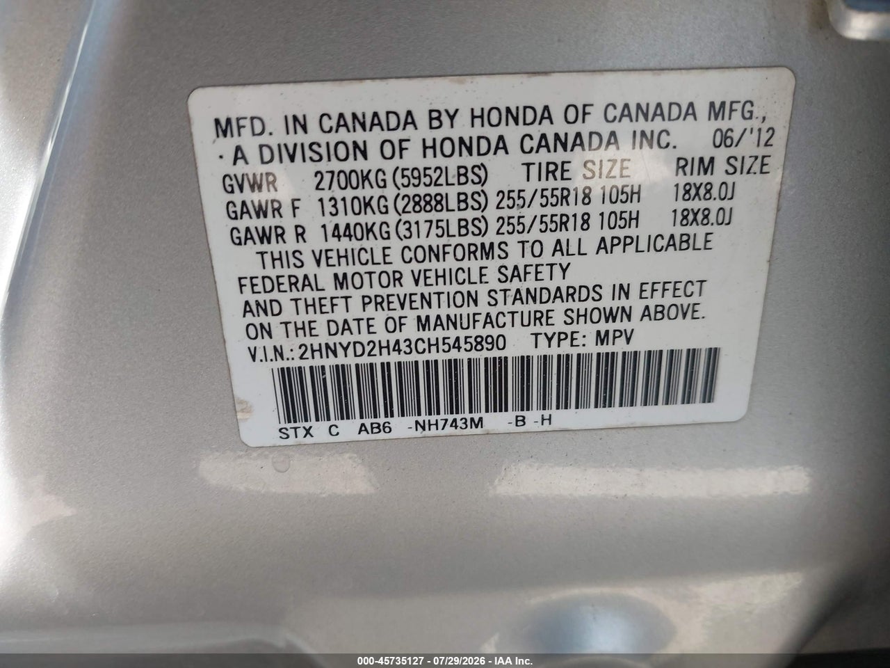 2HNYD2H43CH****** · 2012 ACURA MDX TECHNOLOGY PACKAGE · 9/11