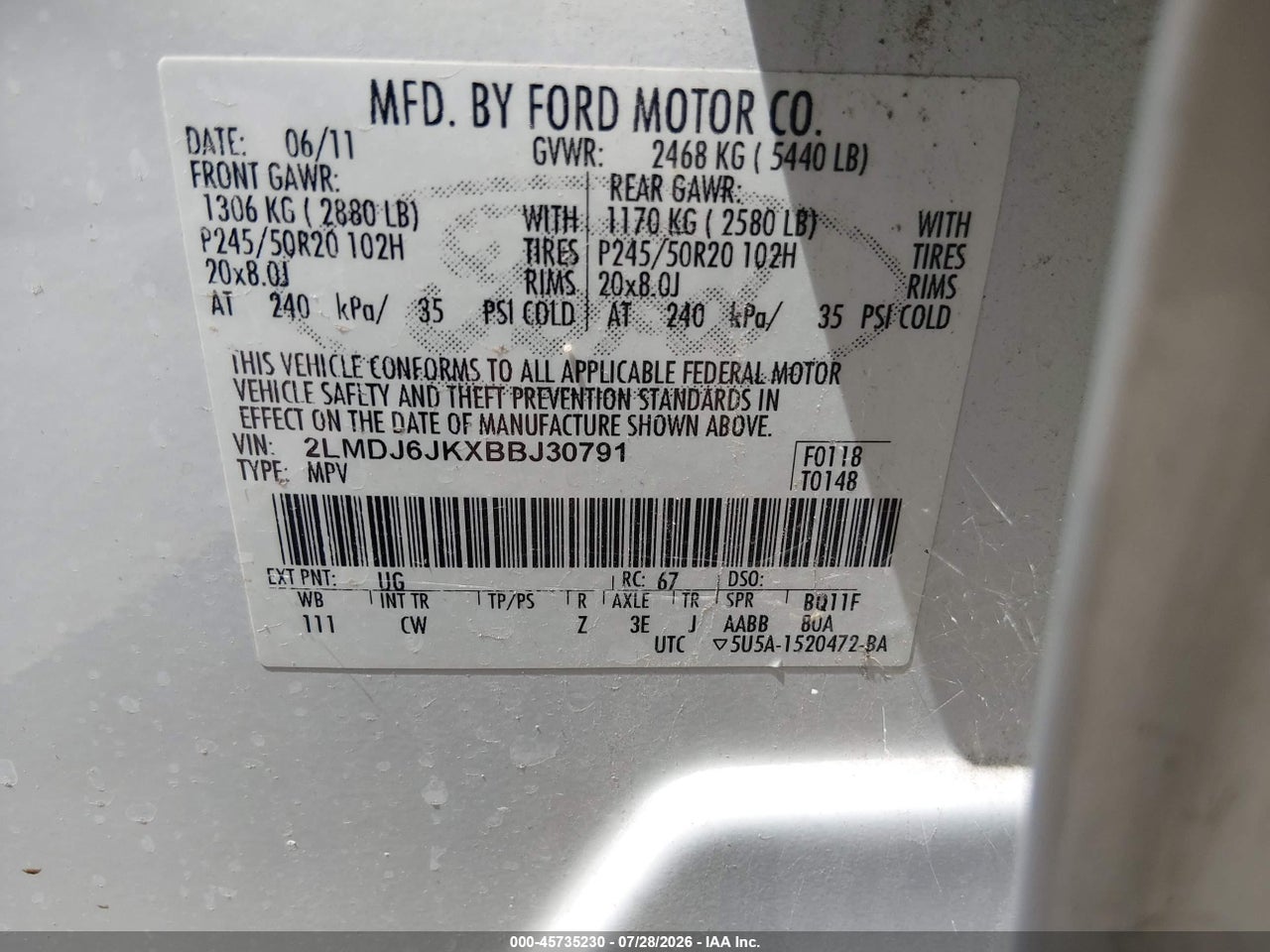 2LMDJ6JKXBB****** · 2011 LINCOLN MKX · 9/11