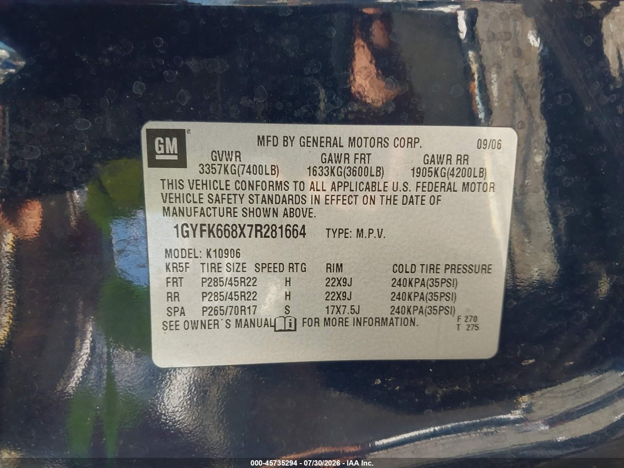 1GYFK668X7R****** · 2007 CADILLAC ESCALADE ESV STANDARD · 9/11
