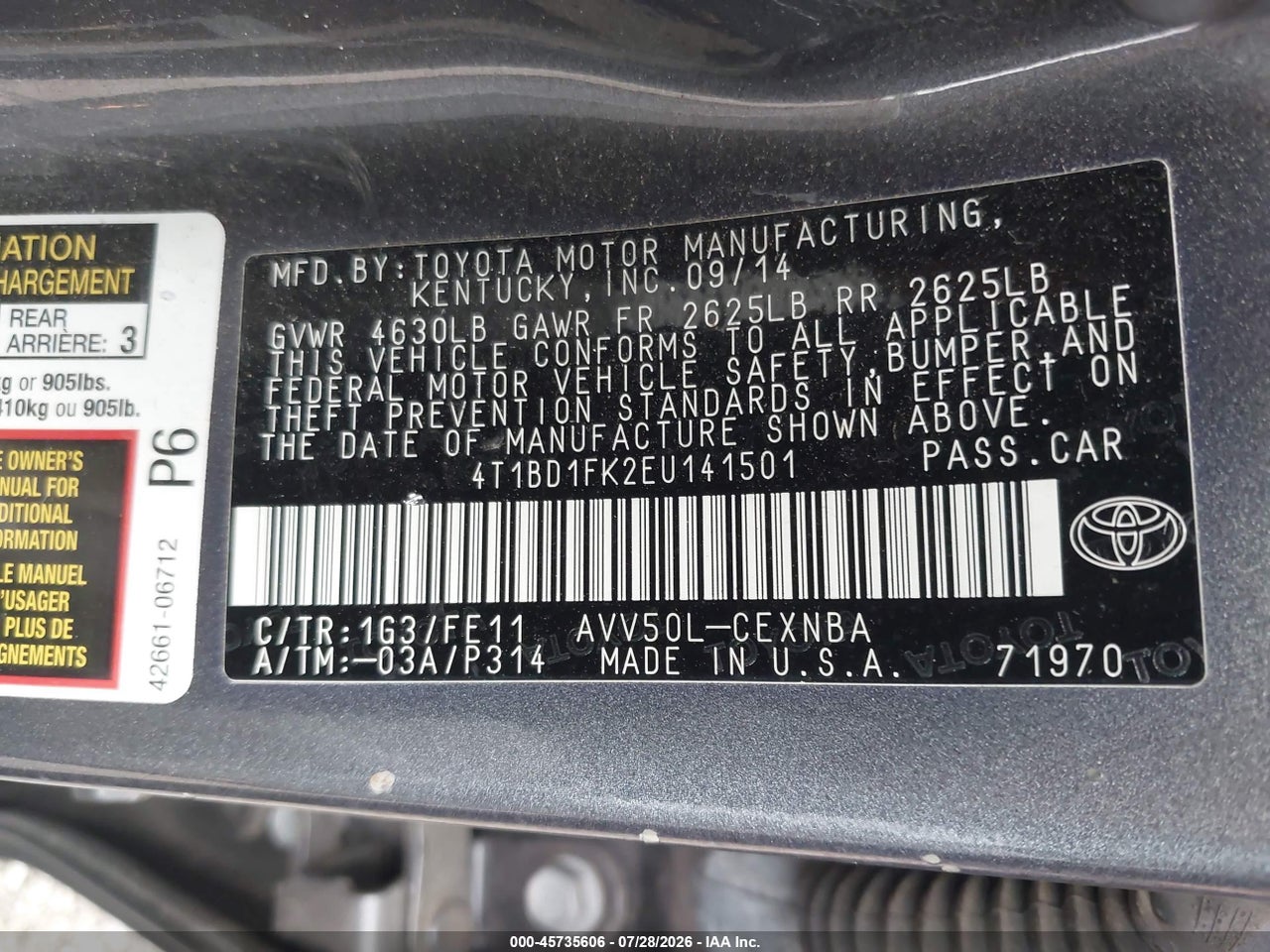 2014 TOYOTA CAMRY HYBRID LE · 9/11