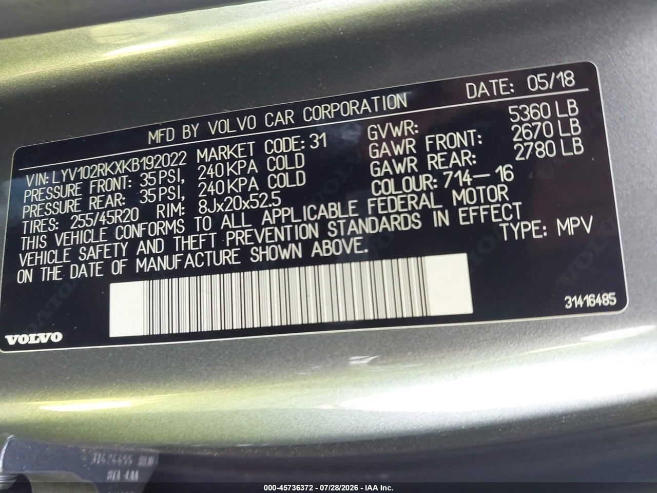 LYV102RKXKB****** · 2019 VOLVO XC60 T5 MOMENTUM · 9/11