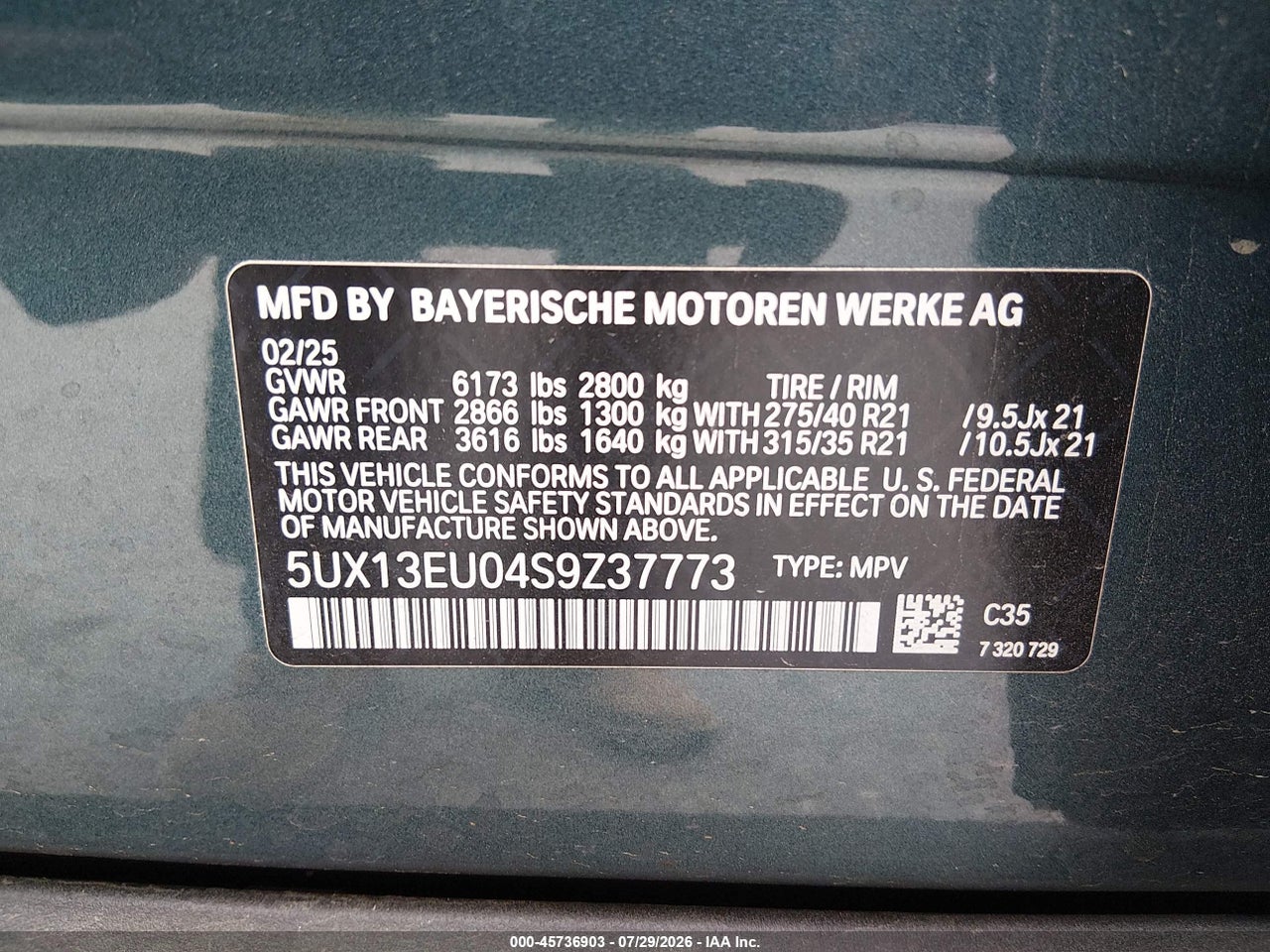 5UX13EU04S9****** · 2025 BMW X5 SDRIVE40I · 9/11