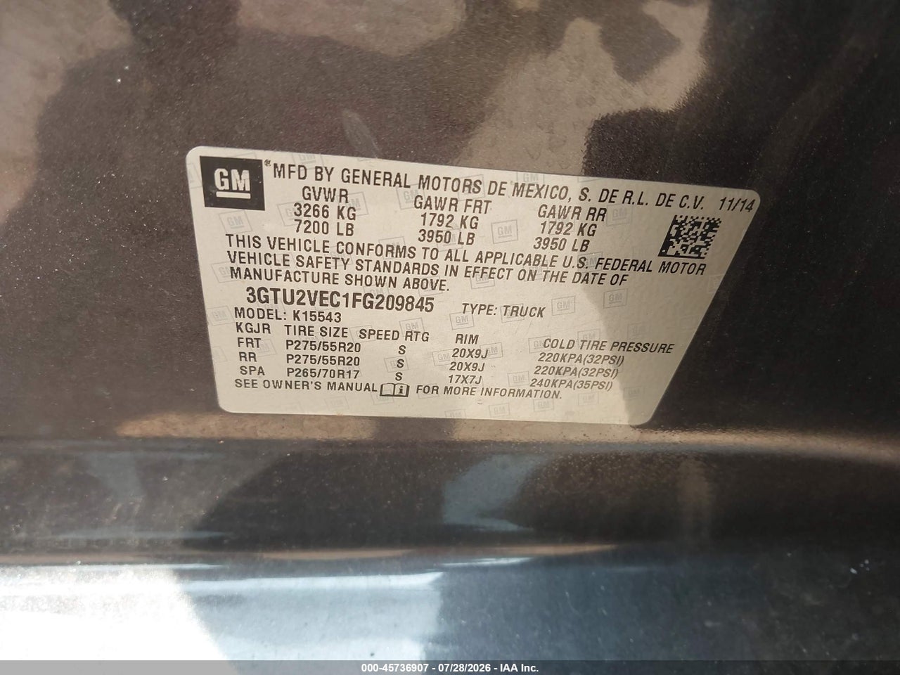3GTU2VEC1FG****** · 2015 GMC SIERRA 1500 SLT · 9/11