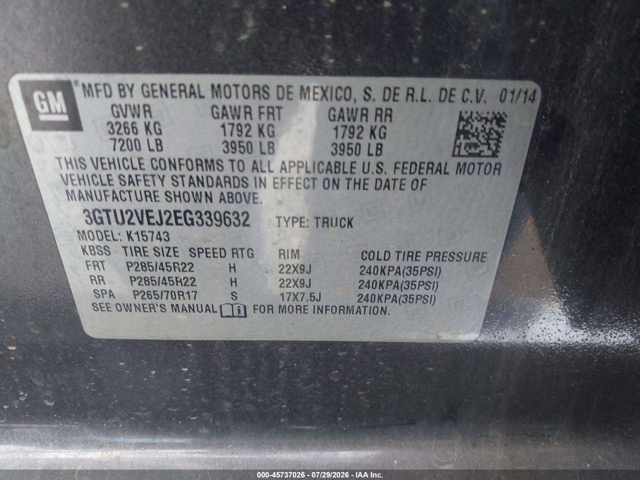 3GTU2VEJ2EG****** · 2014 GMC SIERRA 1500 SLT · 9/11