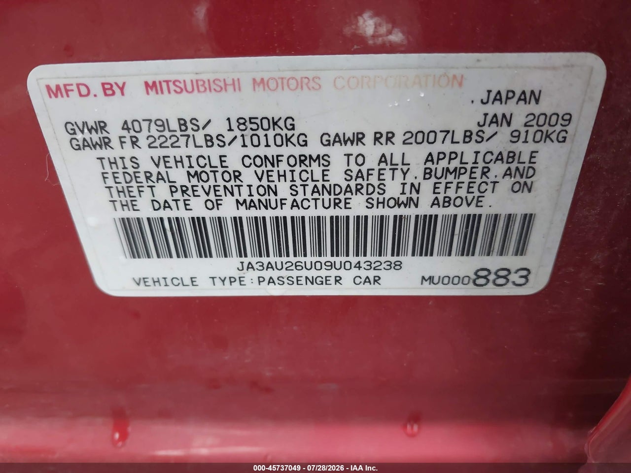 JA3AU26U09U****** · 2009 MITSUBISHI LANCER ES/ES-SPORT · 9/11