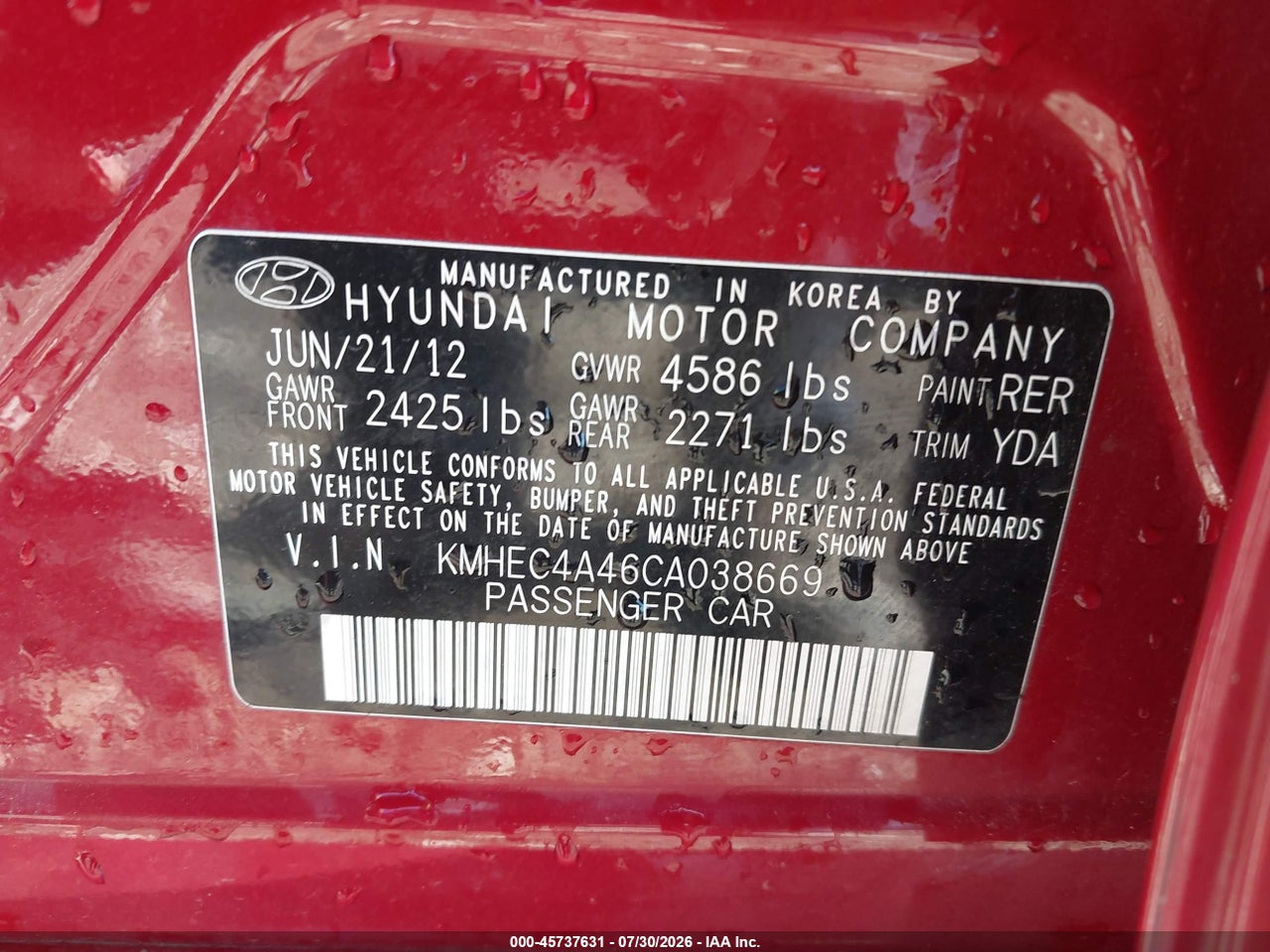 KMHEC4A46CA****** · 2012 HYUNDAI SONATA HYBRID   · 9/11