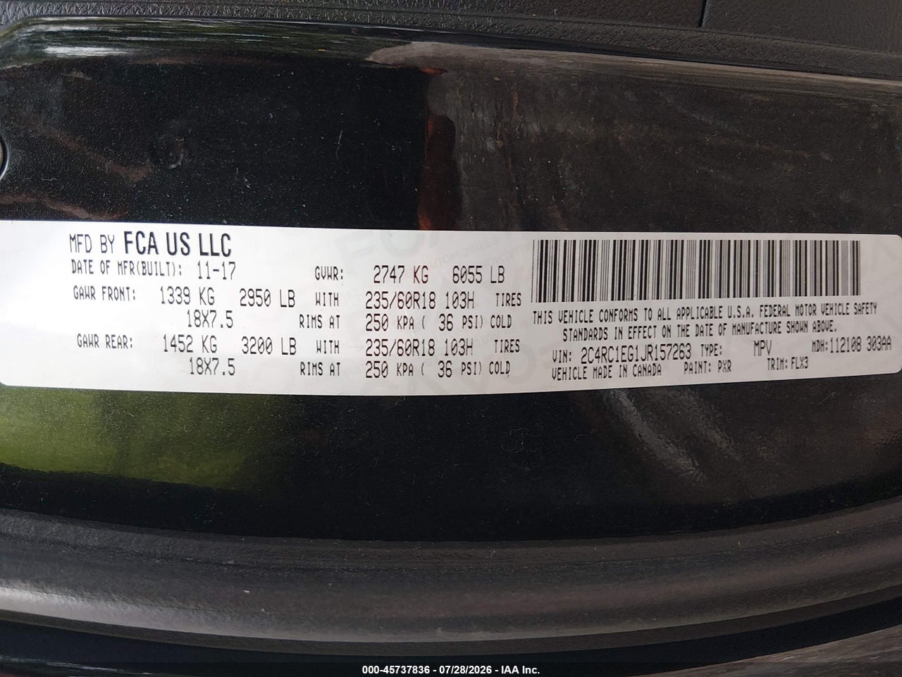 2C4RC1EG1JR****** · 2018 CHRYSLER PACIFICA TOURING L PLUS · 9/11