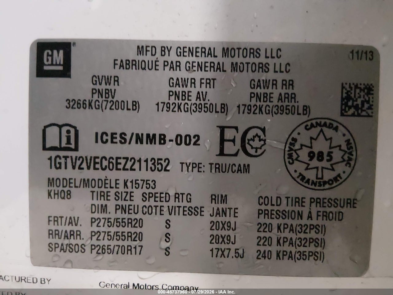1GTV2VEC6EZ****** · 2014 GMC SIERRA 1500 SLT · 9/11