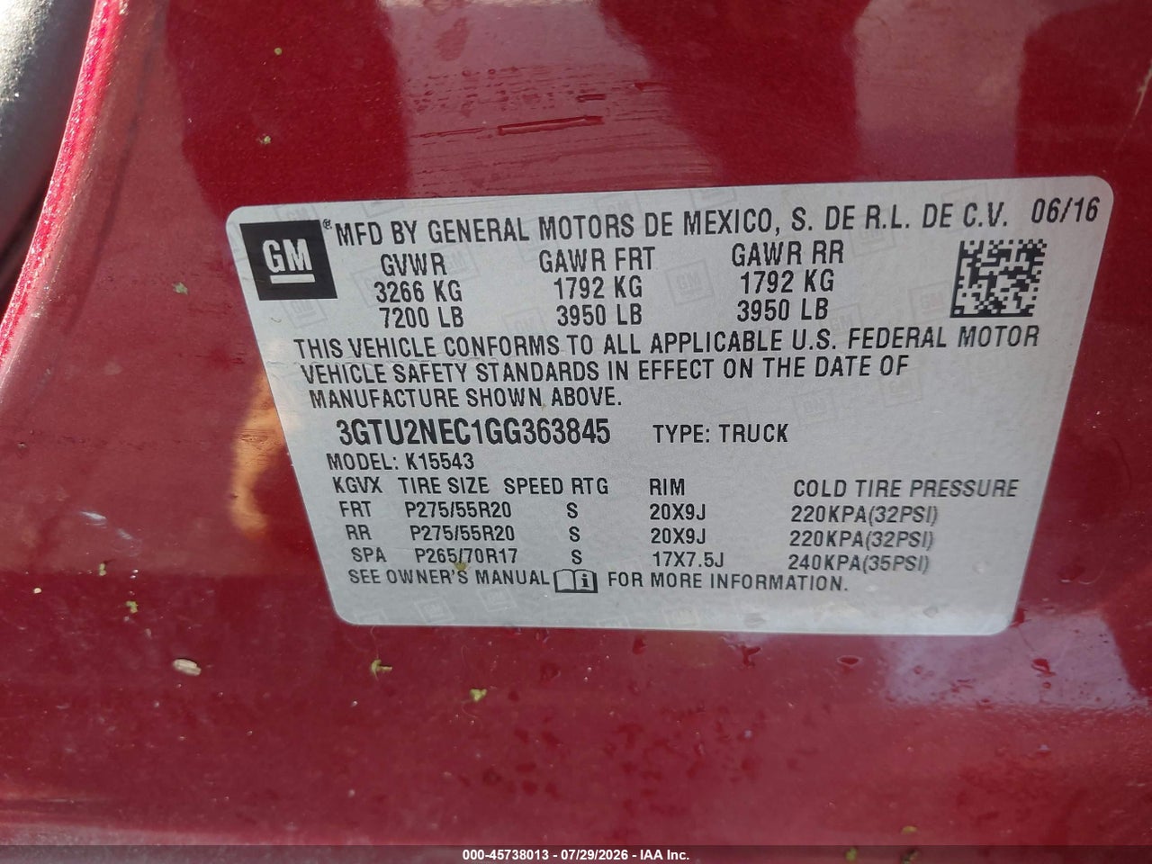 3GTU2NEC1GG****** · 2016 GMC SIERRA 1500 SLT · 9/11