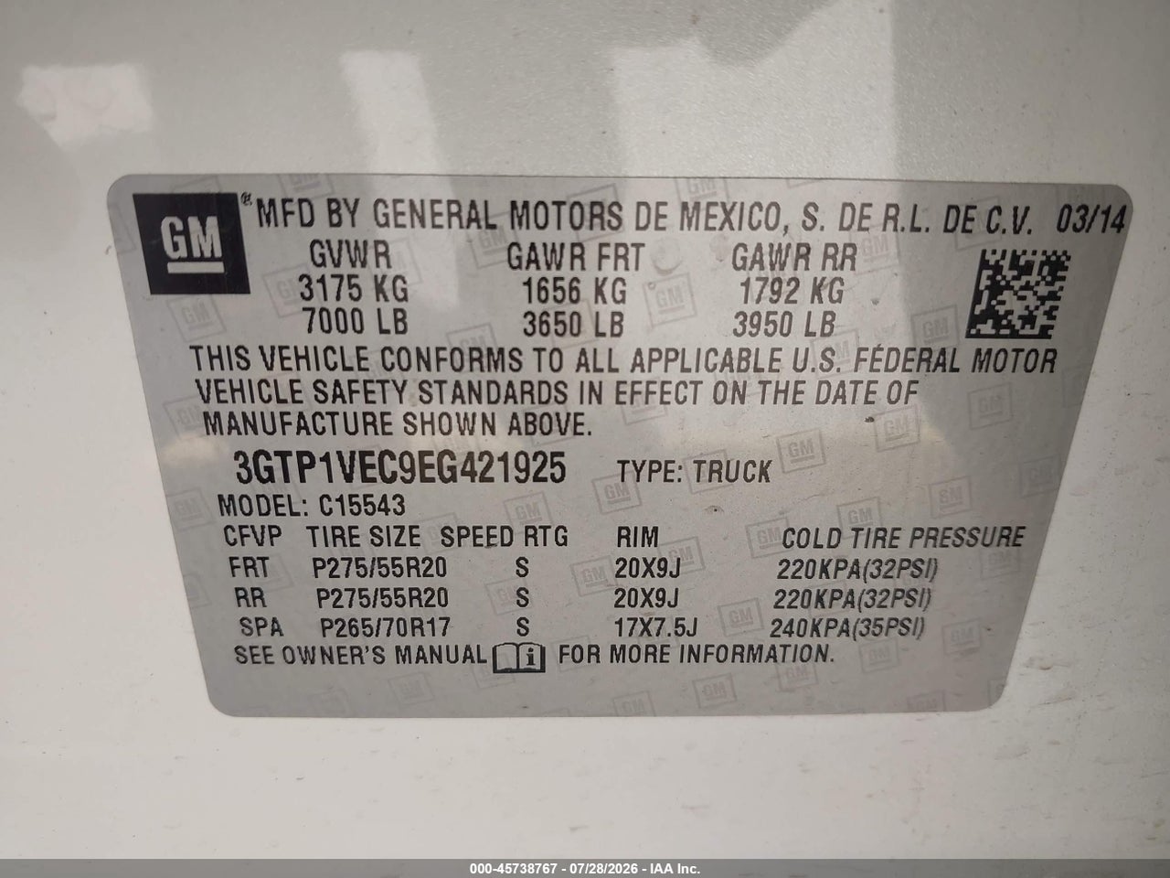 3GTP1VEC9EG****** · 2014 GMC SIERRA 1500 SLT · 9/10
