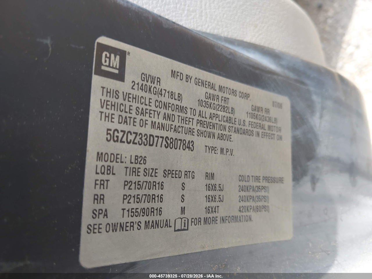 5GZCZ33D77S****** · 2007 SATURN VUE 4 CYL · 9/11