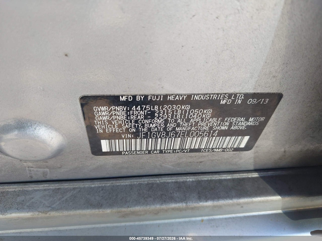 JF1GV8J67EL****** · 2014 SUBARU IMPREZA WRX STI · 9/11