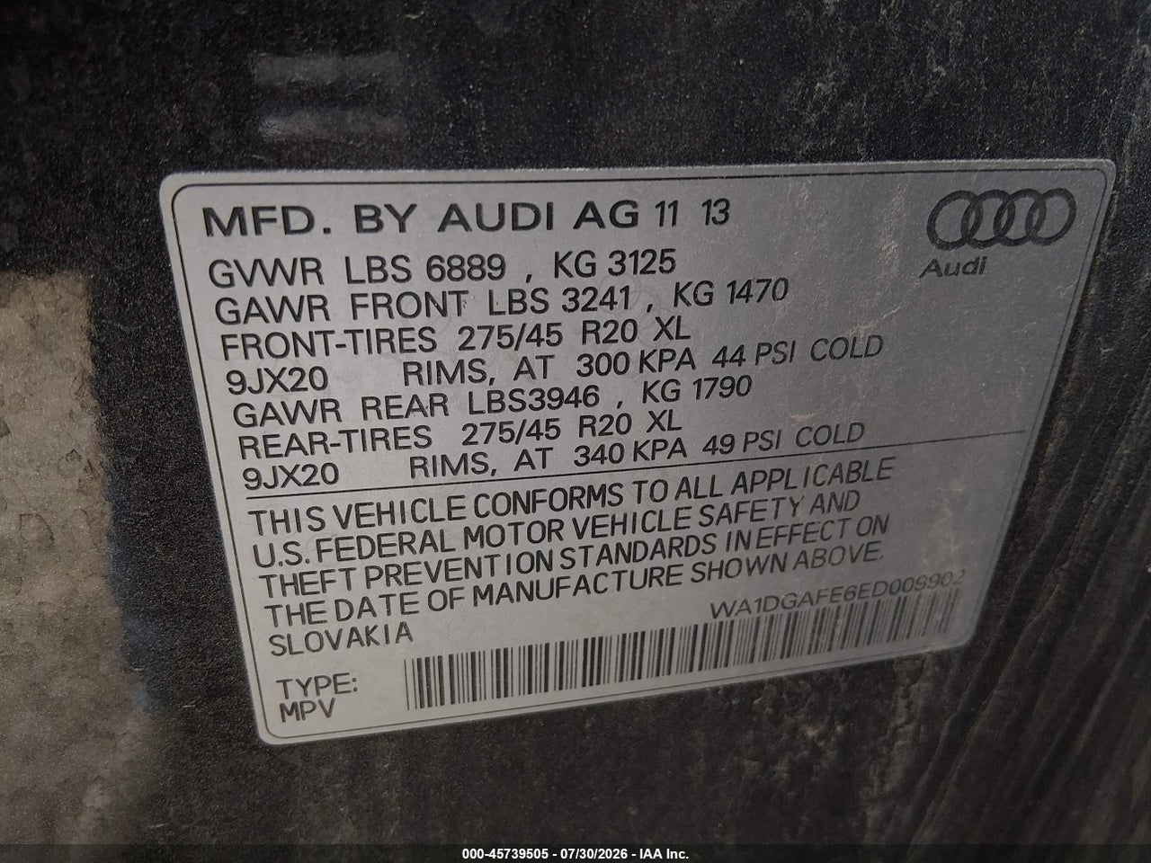 WA1DGAFE6ED****** · 2014 AUDI Q7 3.0T S LINE PRESTIGE · 9/11