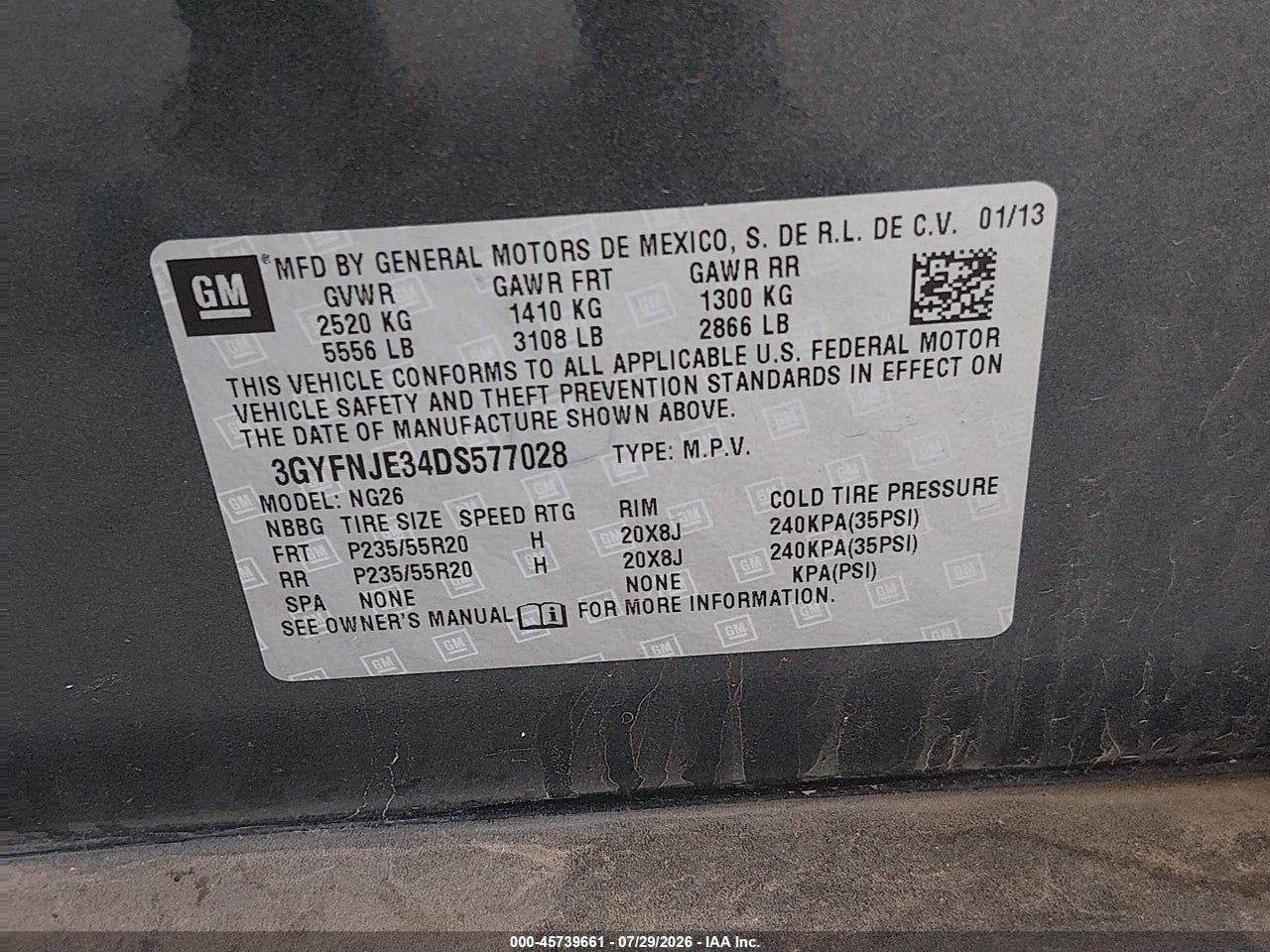 3GYFNJE34DS****** · 2013 CADILLAC SRX PREMIUM COLLECTION · 9/11