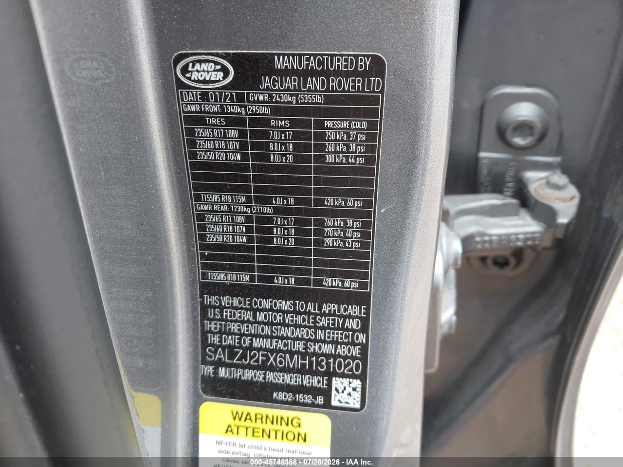 SALZJ2FX6MH****** · 2021 LAND ROVER RANGE ROVER EVOQUE S · 9/11