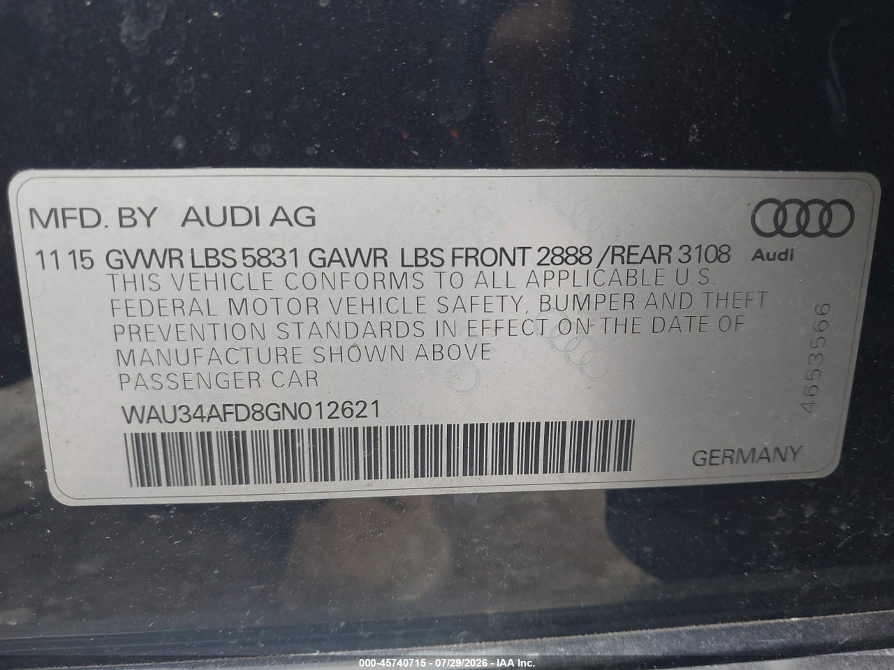 WAU34AFD8GN****** · 2016 AUDI A8 L 3.0T · 9/11