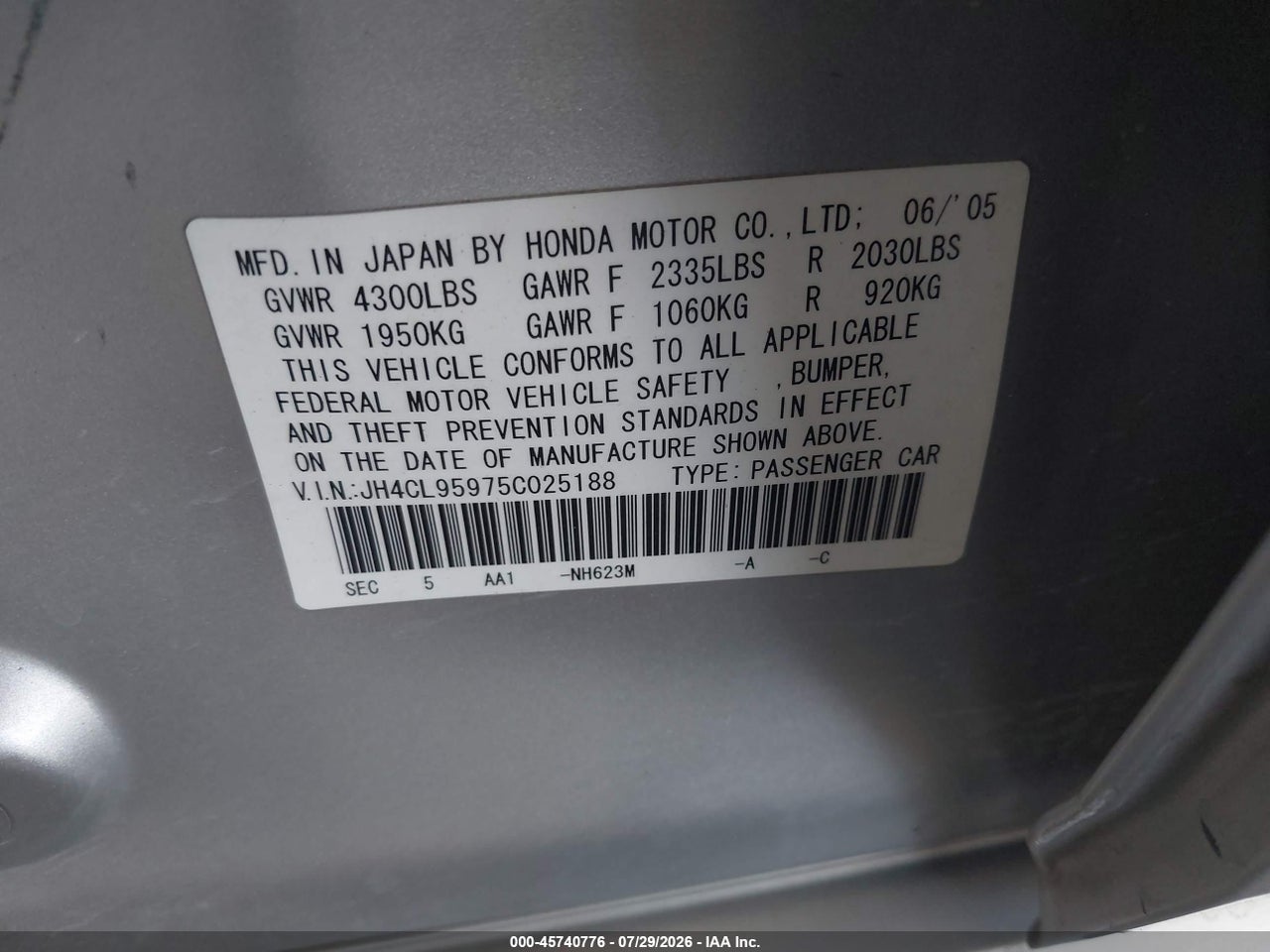 JH4CL95975C****** · 2005 ACURA TSX   · 9/11